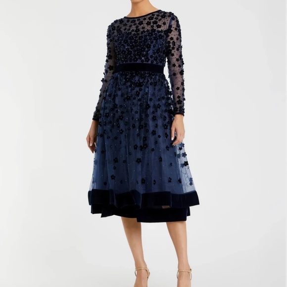 Mac Duggal Dresses & Skirts - Mac Duggal Navy Velvet Embellished Illusion Long Sleeve A-Line Midi Dress